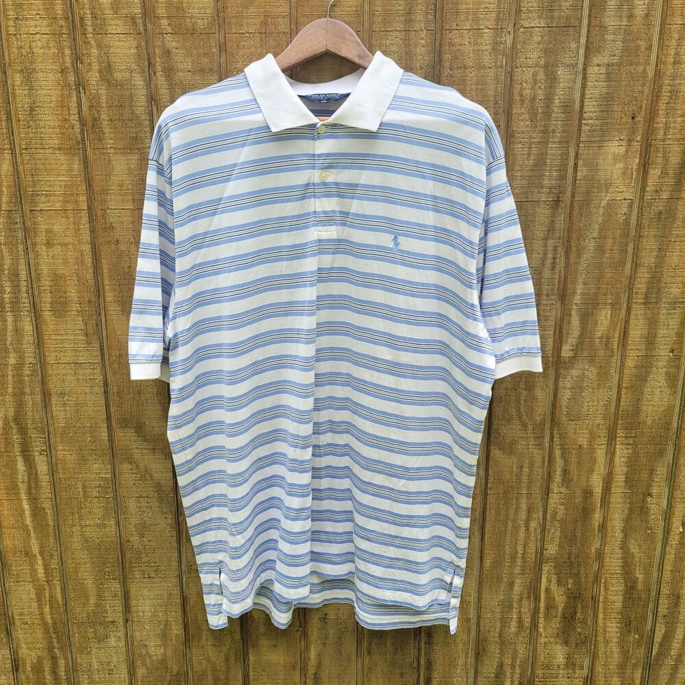 Polo Golf Pima Cotton White With Light Blue Stripes Polo Mens Size XL